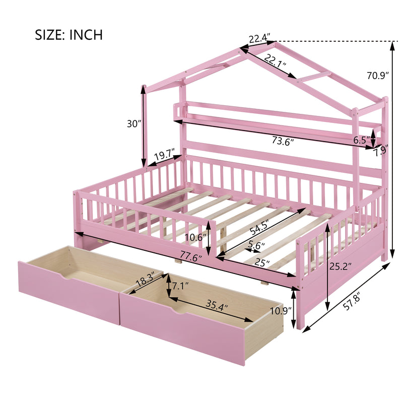 Wooden Full Size House Bed with 2 Drawers,Kids Bed with Storage Shelf, Pink