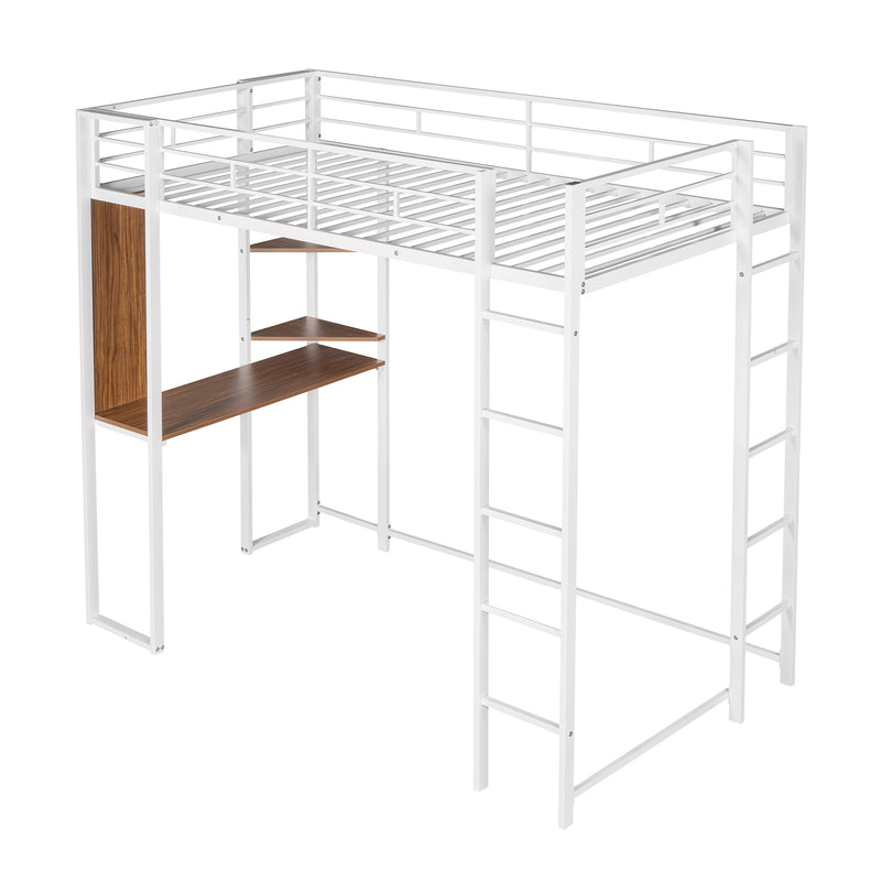 Twin Metal Loft Bed with 2 Shelves and one Desk ,WHITE(Old SKU: MF281206AAK)