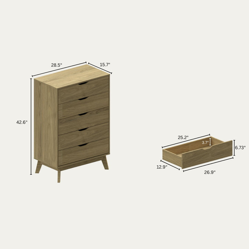 Nordica - 5 Drawer Chest With Interlock Drawer Feature Drawer Slide And Interlock Pre-Assembly, Drawer Chest For Closet Tall Dressers For Bedroom Clothes Organizer Tool - Natural Oak