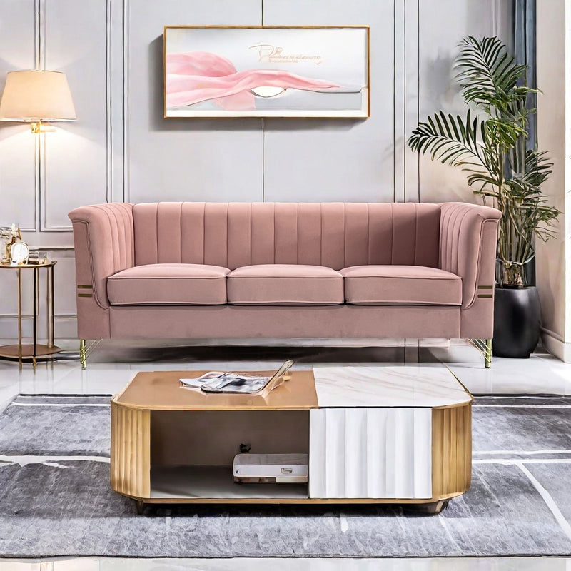 FX-P82-PK(SOFA) Modern Designs Velvet Upholstered Living Room Sofa, 3 Seat Sofa Couch With Golden Metal Legs For Home, Apartment Or Office - Pink