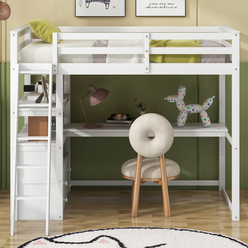 Twin Size Loft Bed with Desk and Shelves, Two Built-in Drawers, White(Old SKU: GX000423AAK)