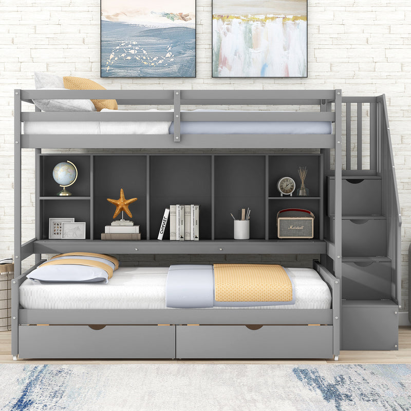 Twin XL over Full Bunk Bed with Built-in Storage Shelves, Drawers and Staircase,Gray