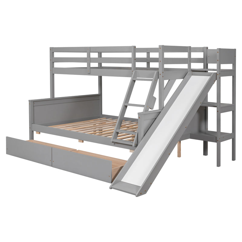 Twin over Full Bunk Bed with 2 Drawers,Slide,Shelves Grey