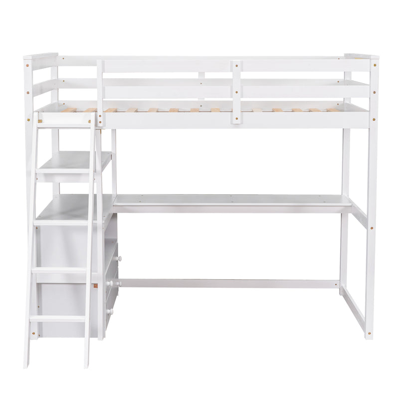 Twin Size Loft Bed with Desk and Shelves, Two Built-in Drawers, White (old SKU: GX000803AAK-1)