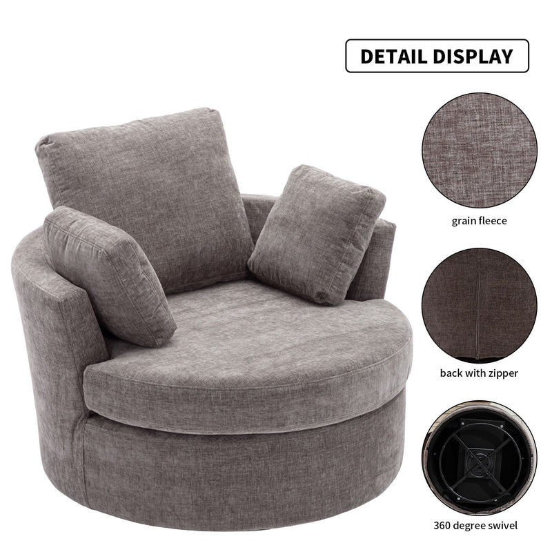 Oversize Round Swivel Chair Cozy Club 360 Degrees Swivel Sofa With 3 Pillows Chenille Fabric For Living Room Lounge Hotel - Gray