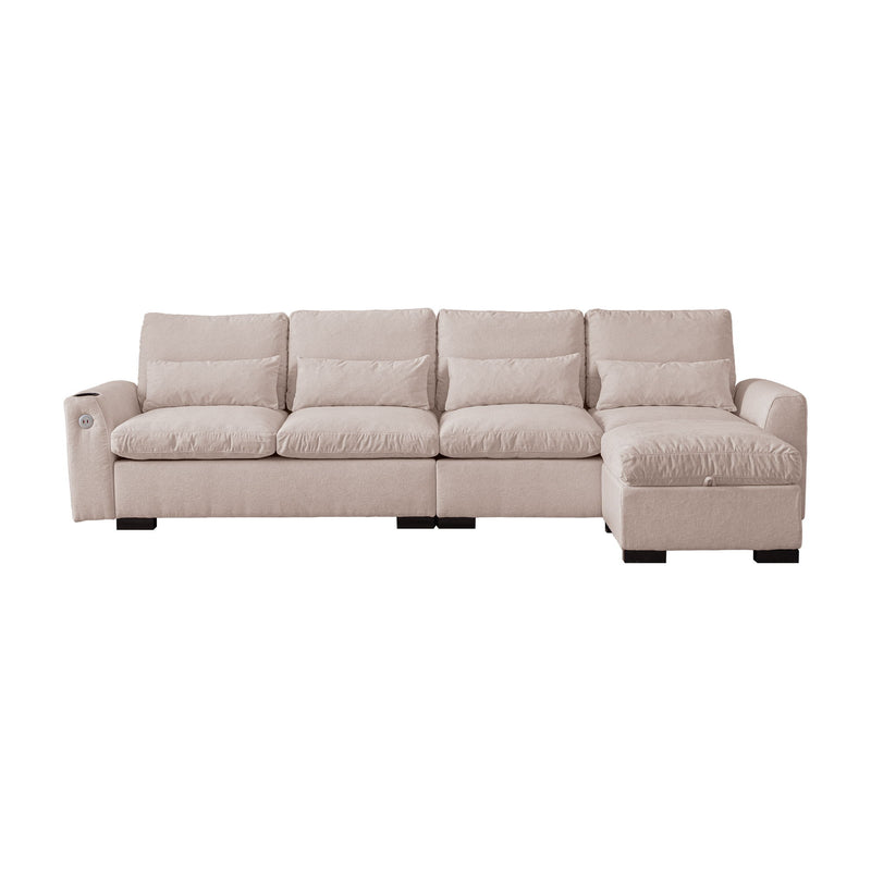 Modern Modular L Shaped Chenille Sofa Couch Reversible Ottoman With Storage Removable And Washable Cushions Sofa With USB Ports & Cup Holder For Living Room