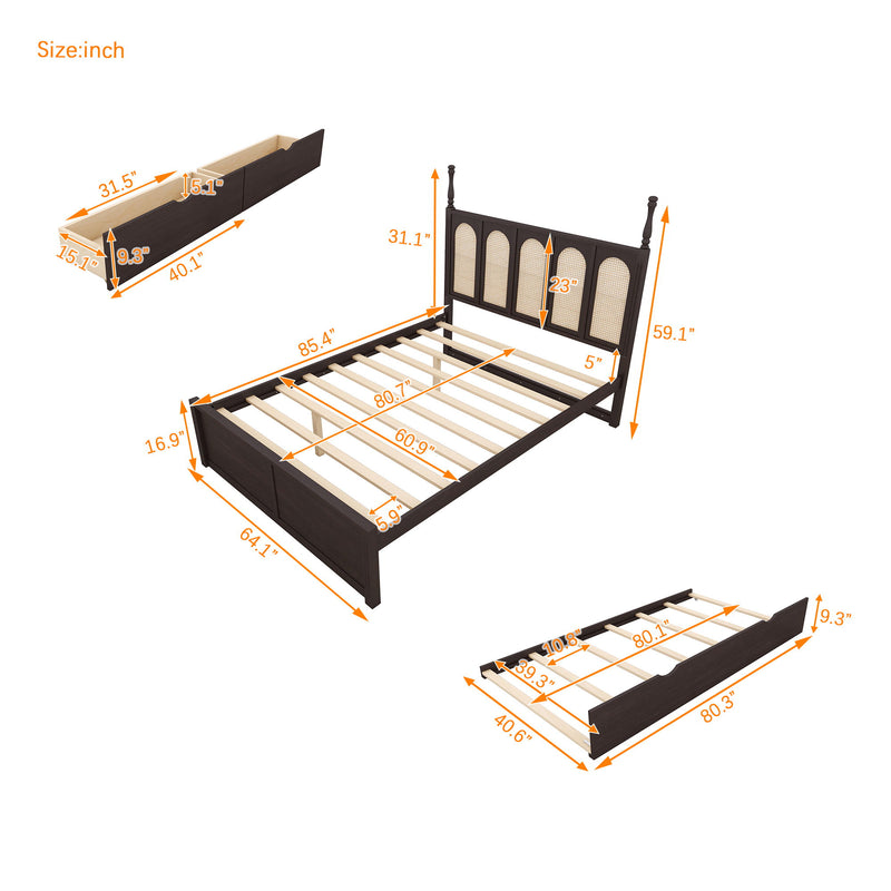 Rattan Platform Bed With With 2 Big Drawers With Trundle