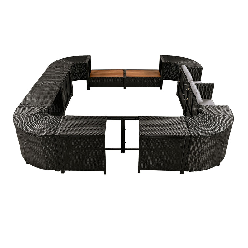 Spa Surround Spa Frame Quadrilateral Outdoor Rattan Sectional Sofa Set With Mini Sofa, Wooden Seats And Storage Spaces