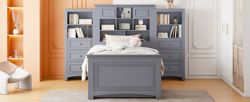 Twin Size Wood Platformbed with Vertical All-in-One Cabinet and 4 Drawers on each side, Gray