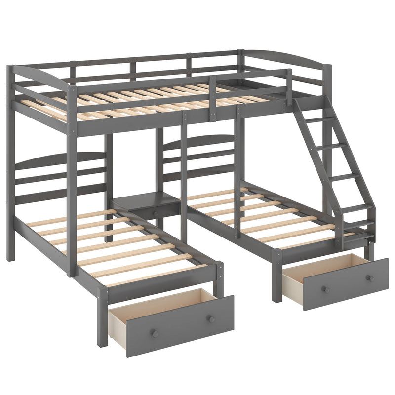 Full Over Twin & Twin Bunk Bed, Triple Bunk Bed With Drawers - Gray