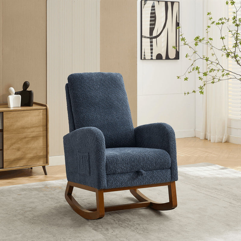 Rocking Chair For Nursery, High Back Glider Chair With Retractable Footrest, Side Pocket, Rocking Accent Armchair With Rubber Wood Legs For Living Room / Bedroom