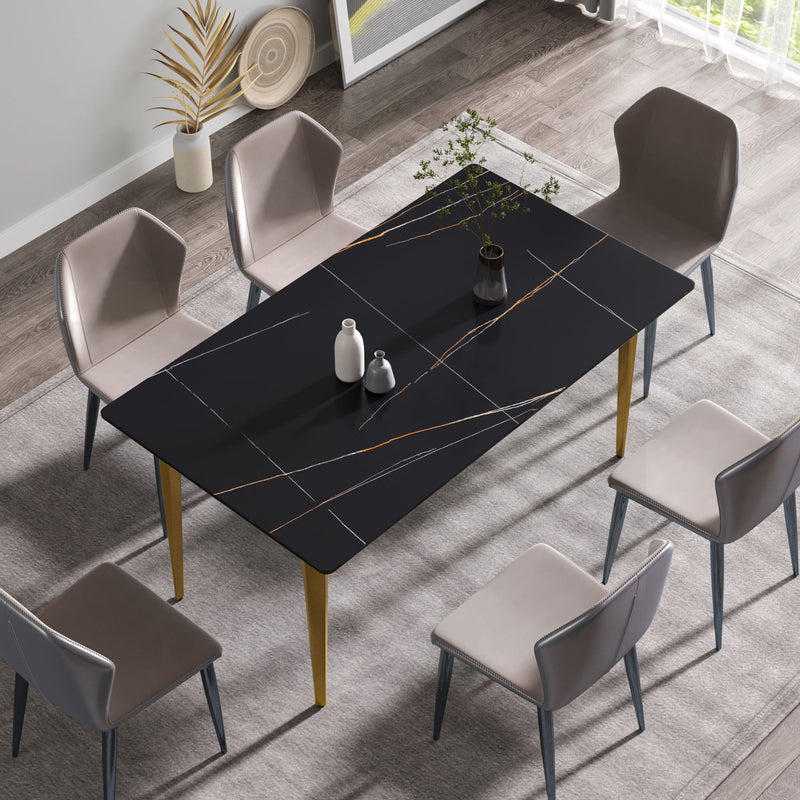 63" Modern Artificial Stone Black Straight Edge Golden Metal Leg Dining Table - Black / Gold