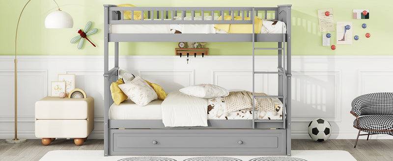 Twin over Twin Bunk Bed with Twin Size Trundle, Convertible Beds, Gray