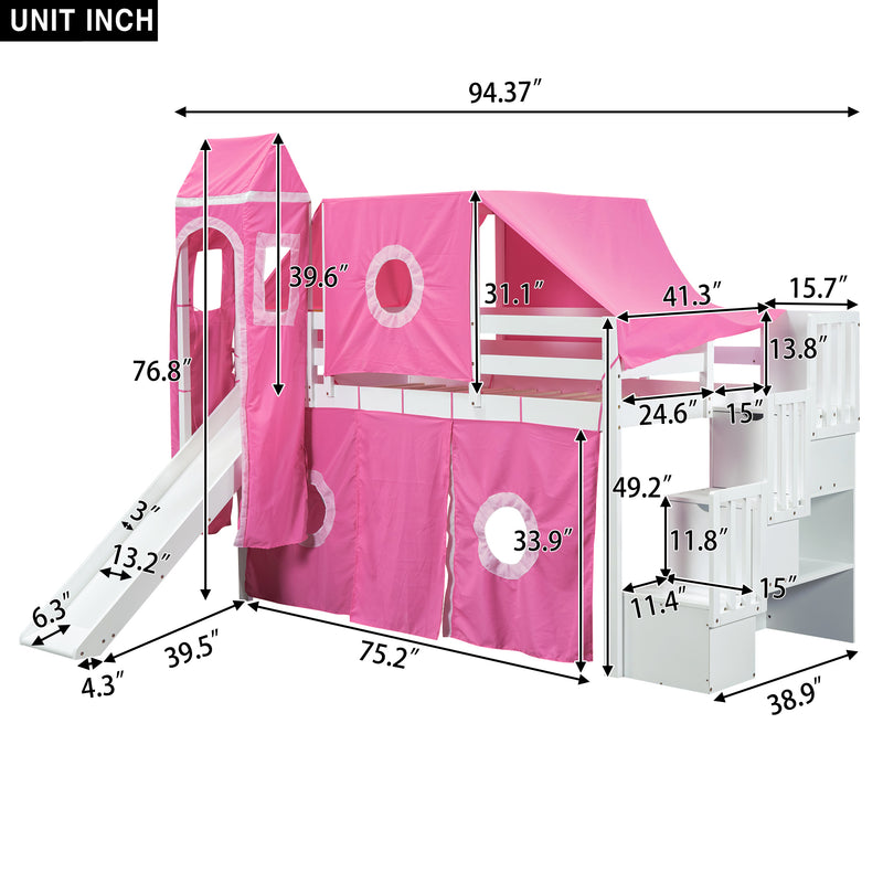 Twin Size Loft Bed with Tent and Tower - Pink