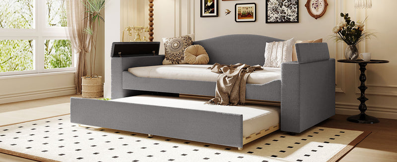 Twin Size Upholstered Daybed with Storage Armrests, Trundle and Latest Integrated Bluetooth Audio System, Teddy Fleece, Gray