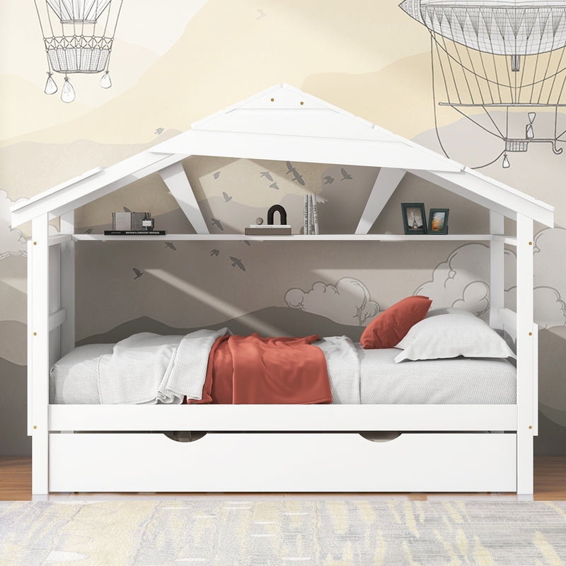 Wood Twin Size House Bed with Trundle and Storage, White