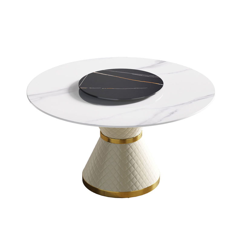 Modern Artificial Stone Round Carbon Steel Base Dining Table, Can Accommodate 6 People - White / Black