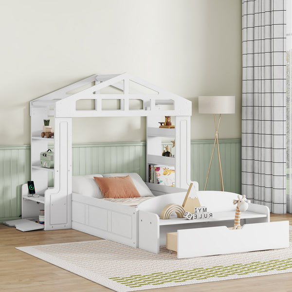 Twin Size House Bed with Bench, Socket and Shelves, White