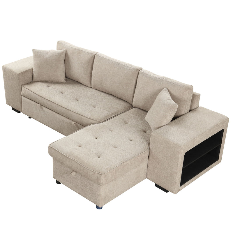 Modern L-Shape 3 Seat Reversible Sectional Couch, Pull Out Sleeper Sofa With Storage Chaise And 2 Stools For Living Room Furniture Set