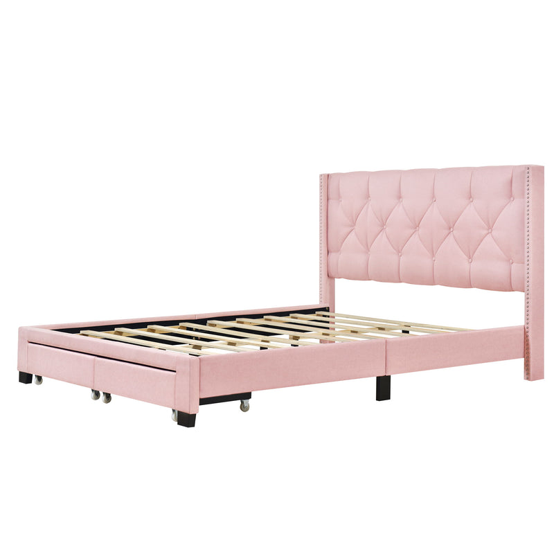 Queen Size Storage Bed Linen Upholstered Platform Bed With Two Drawers - Pink