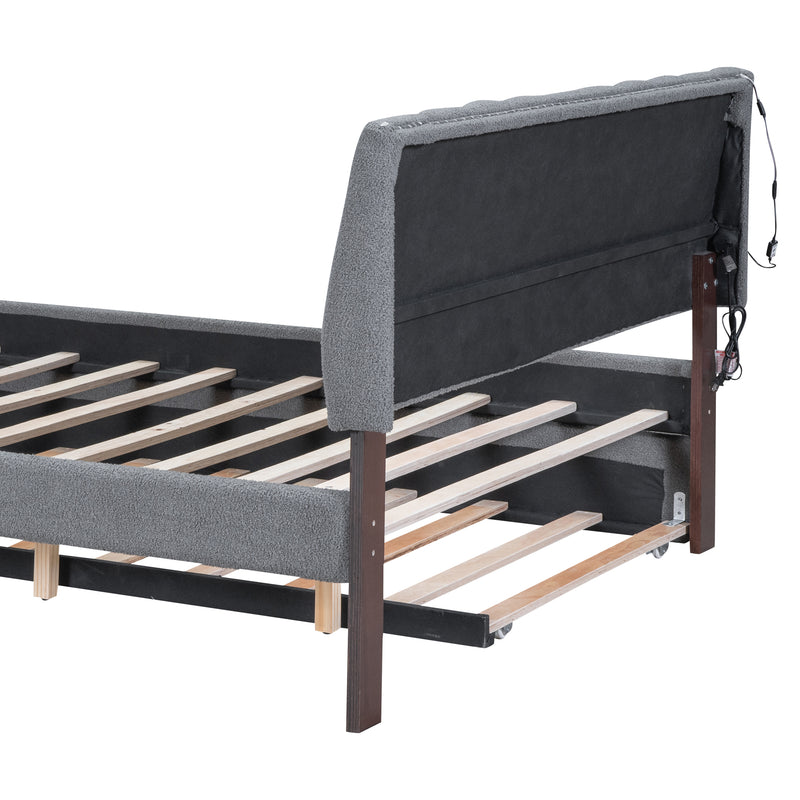 Teddy Fleece Queen Size Upholstered Platform Bed with Trundle, Gray