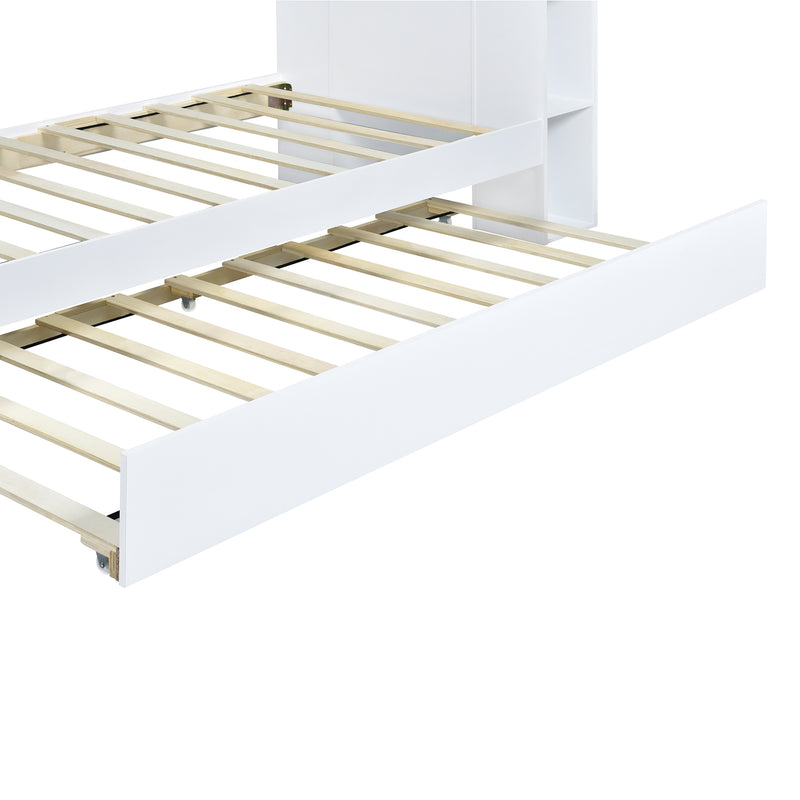 Twin Size Storage Platform Bed Frame with with Trundle and Light Strip Design in Headboard,White