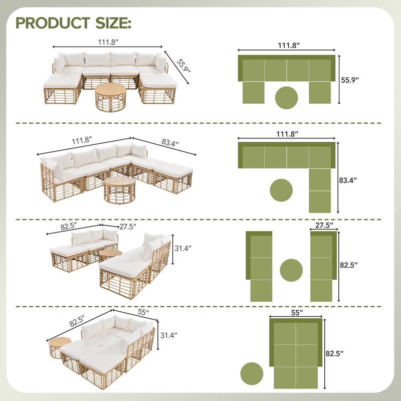 Outdoor Patio Furniture, All-Weather Rattan Sectional Sofa Set With Thick Cushions And Pillows, Freely Combined Conversation Sets For Garden, Backyard, Balcony