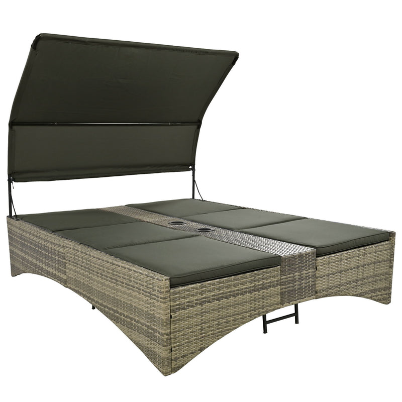 Patio Daybed Outdoor Daybed Sun Lounger With Shelter Roof With Adjustable Backrest, Storage Box And 2 Cup Holders For Patio, Balcony, Poolside