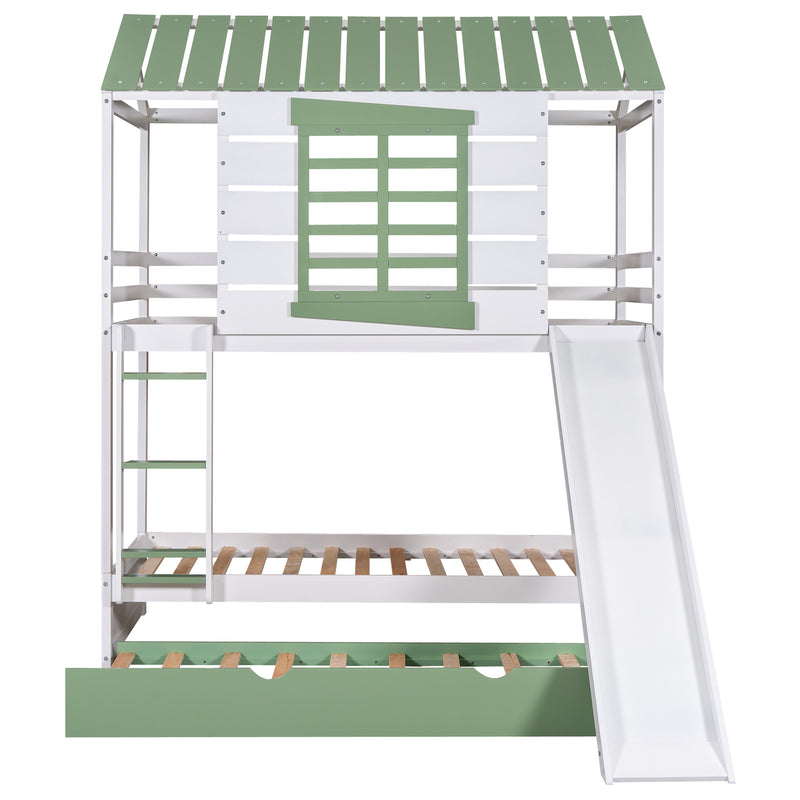 Twin over Twin Size House Bunk Bed with Convertible Slide and Trundle, White+Green