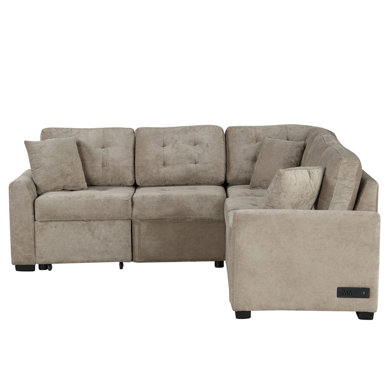 L-Shape Sofa Bed Pull-Out Sleeper Sofa With Wheels, USB Ports, Power Sockets For Living Room