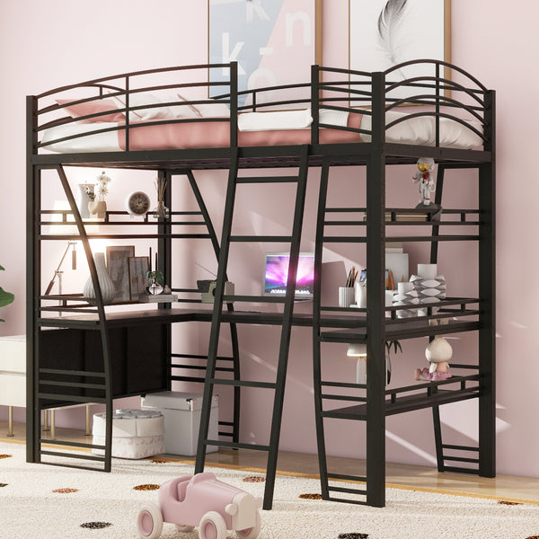 Twin Size Loft Bed with 4 Layers of Shelves and L-shaped Desk, Stylish Metal Frame Bed with a set of Sockets, USB Ports and Wireless Charging, Black