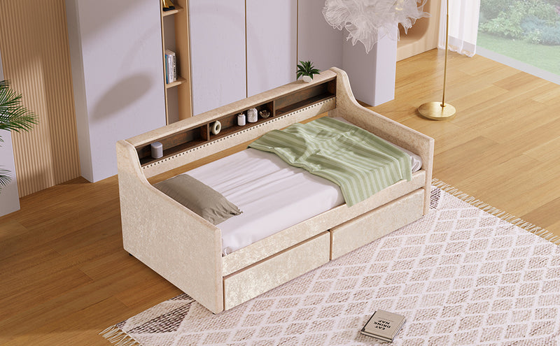 Twin Size Snowflake Velvet Daybed with Two Storage Drawers and Built-in Storage Shelves,Beige