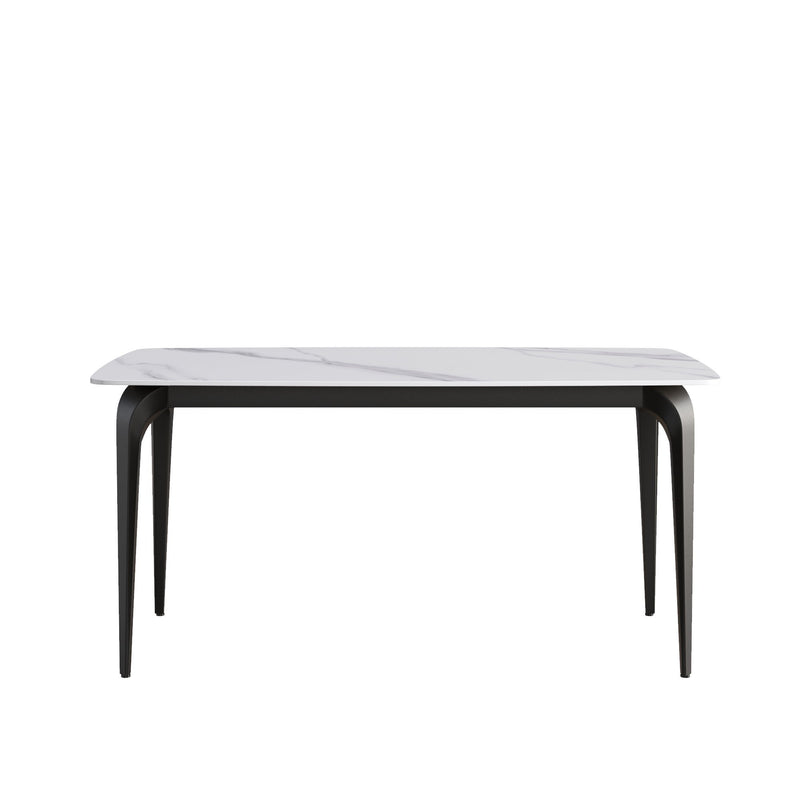 63" Modern Artificial Stone White Curved Black Metal Leg Dining Table, 6 People - White