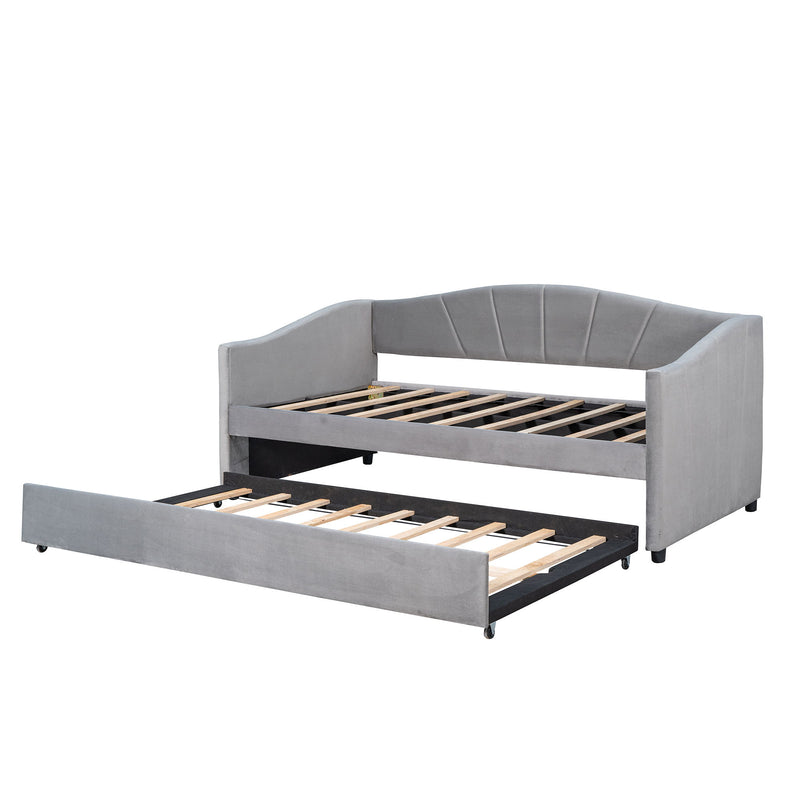 Twin Size Upholstered Daybed Sofa Bed With Trundle Bed And Wood Slat - Gray