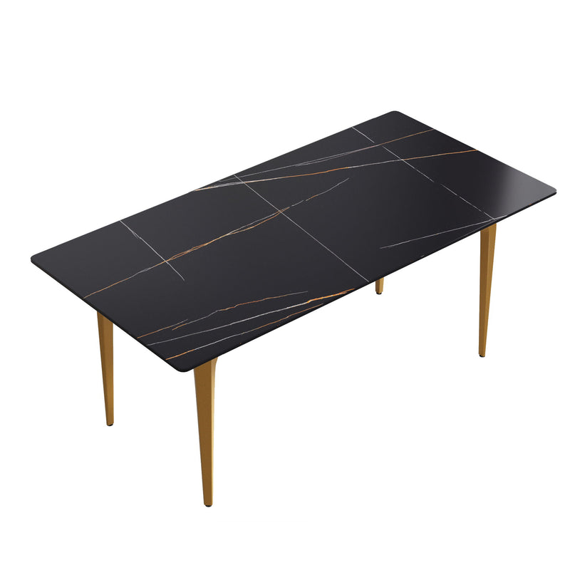 70.87" Modern Artificial Stone Straight Edge Golden Metal Leg Dining Table, Can Accommodate 6-8 People - Black