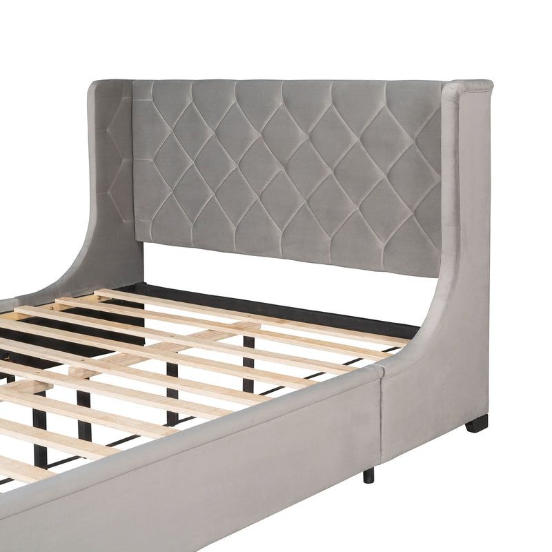 Queen Size Storage Bed Velvet Upholstered Platform Bed With Wingback Headboard And A Big Drawer