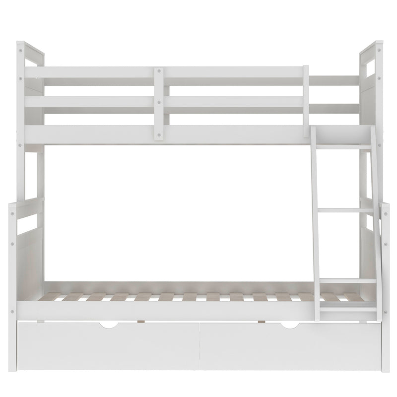 Twin over Full Bunk Bed with Ladder, Two Storage Drawers, Safety Guardrail, White