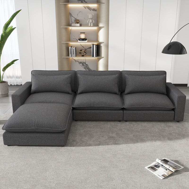 Sectional Sofa Cloud Sofa Chenille Upholstered Sofa Couch With Movable Ottoman, Comfortable Seat Cushions, Charging Ports And Three Back Pillows For Living Room