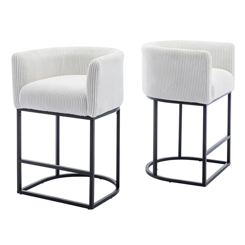 Modern Bar Stools (Set of 2), Counter Height Stools With Barrel Back And Arms, Upholstered Seat Cushion Linen Modern Kitchen Island Chair With Metal Frame For Kitchen Island - White