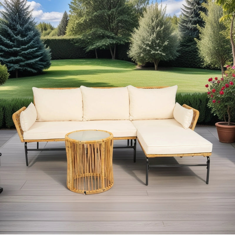 3 Pieces Outdoor Patio Wicker Furniture Sets Table and Chairs with 3.15-inches Thick Cushion Outdoor Sofa Set Natural Yellow Wicker + Creme Cushion