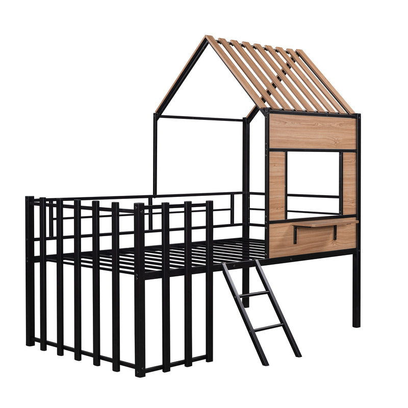 Twin Size Loft Bed With Roof, Window, Guardrail, Ladder