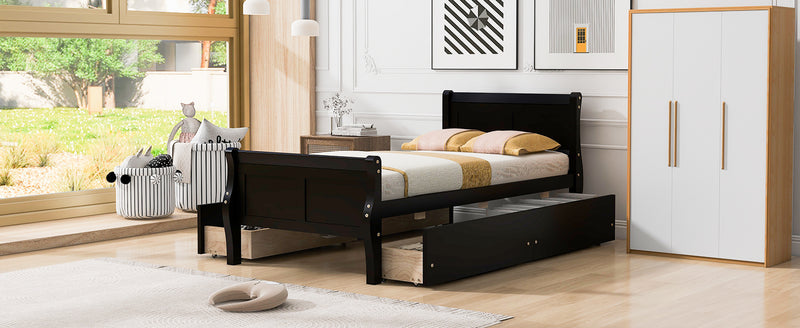 Twin Size Wood Platform Bed with 4 Drawers and Streamlined Headboard & Footboard, Espresso