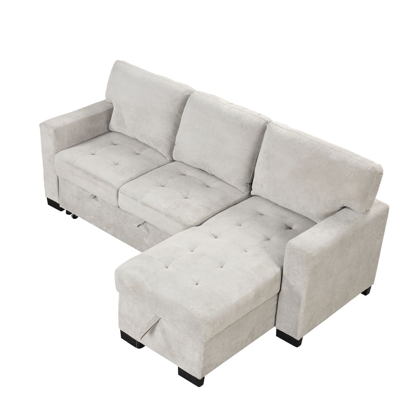 Stylish And Functional Light Chaise Lounge Sectional With Storage Rack Pull-Out Bed Drop Down Table And USB Charger