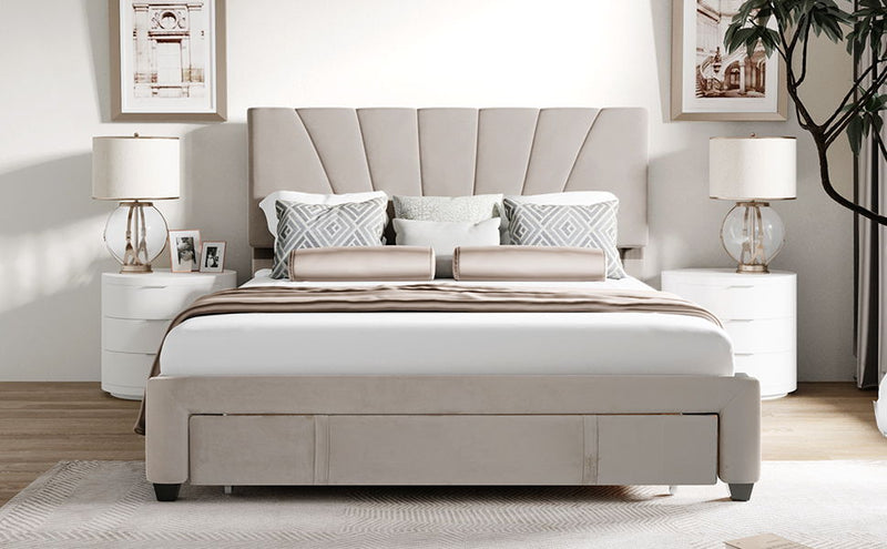 Queen Size Storage Bed Velvet Upholstered Platform Bed With A Big Drawer - Beige