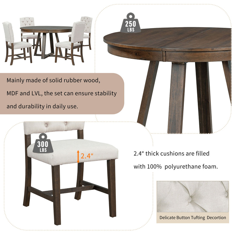 Retro Functional Dining Set, Round Table With Leaf And Upholstered Chairs For Dining Room And Living Room