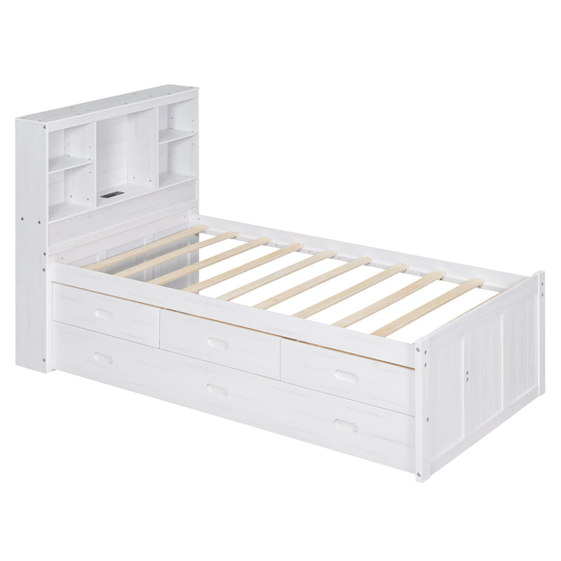 Twin Size Platform Bed with Storage Headboard, Charging Station, Twin Size Trundle and 3 Drawers, Antique White