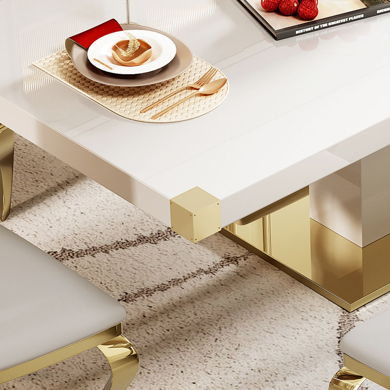 MDF Top Dining Table With Gold Finish Corner, MDF Pillar And Gold Finish Stainless Steel Base