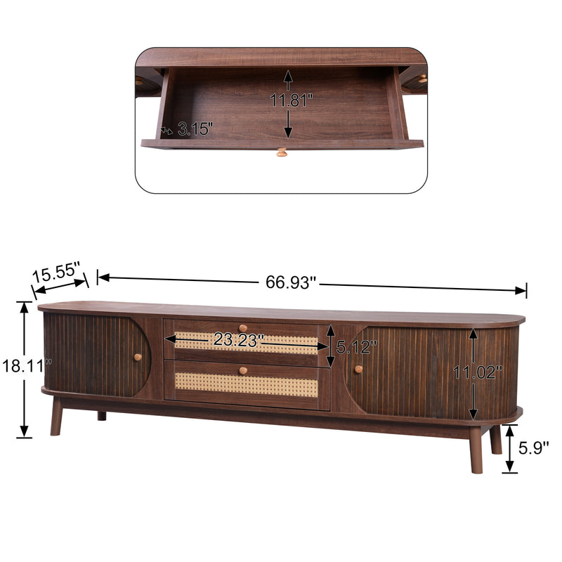 Rattan TV Stand for TVs up to 75'', Modern Farmhouse Media Console, Entertainment Center with Solid Wood Legs, TV Cabinet for Living Room,Home Theatre