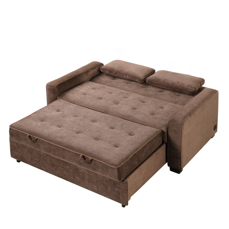 Upholstered Sleeper Bed, Pull Out Sofa Bed Couch Attached Two Throw Pillows, Dual USB Charging Port And Adjustable Backrest For Living Room Space