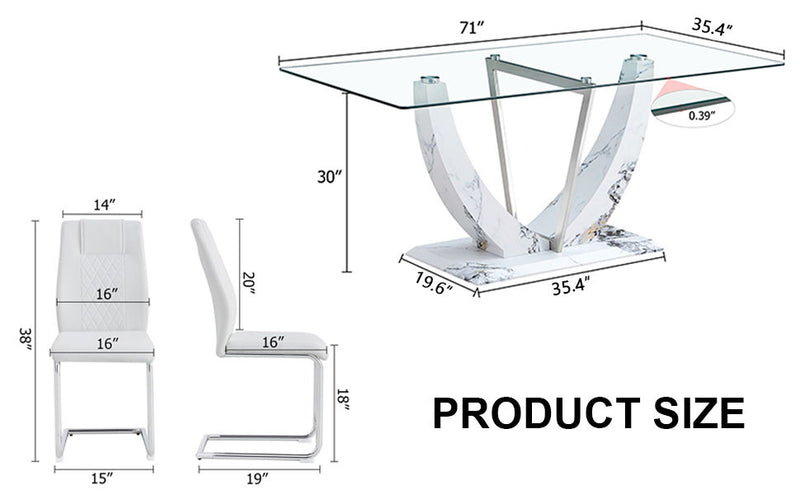 Table And Chair Set, Large Modern Rectangular Glass Table, Can Accommodate 6-8 People, Equipped With A 0.39" Tempered Glass Tabletop And MDF Table Legs.Paired With Comfortable And Soft Chairs - White / Pearl Silver